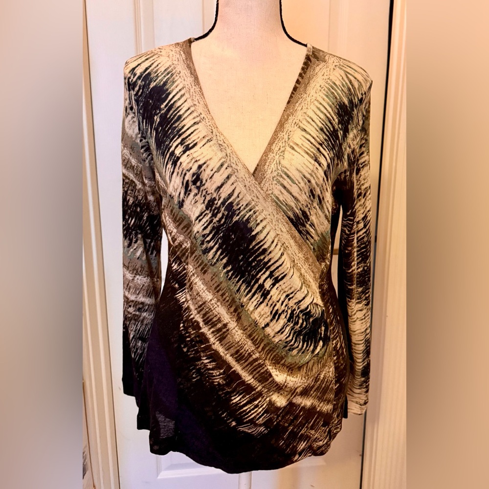 NIC+ZOE Abstract Brushstroke Wrap Top in Black, Cream & Tan, Sz PM, like new